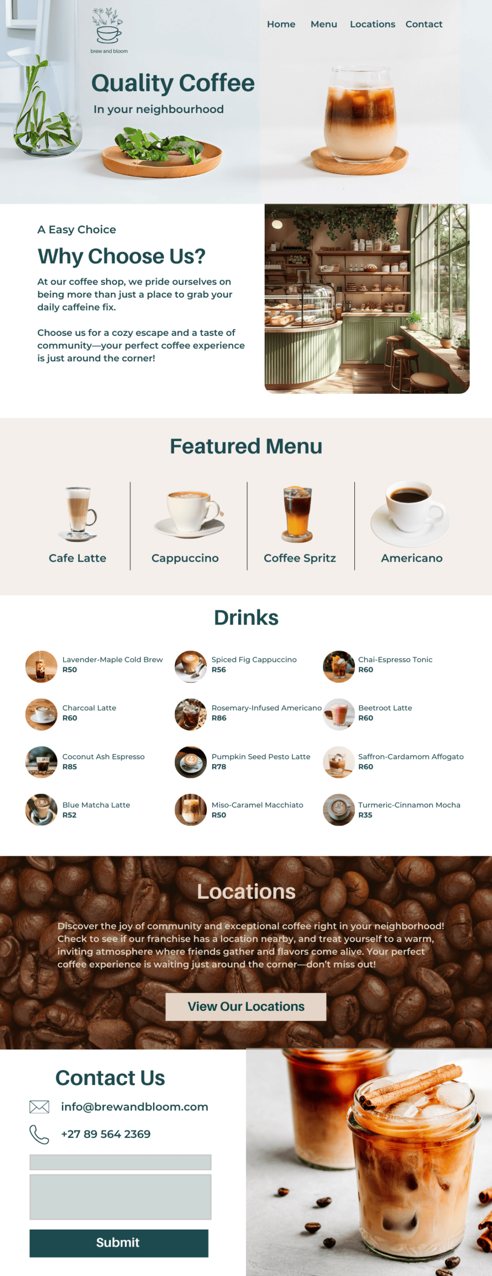 Brew and Bloom Coffee one-page website design