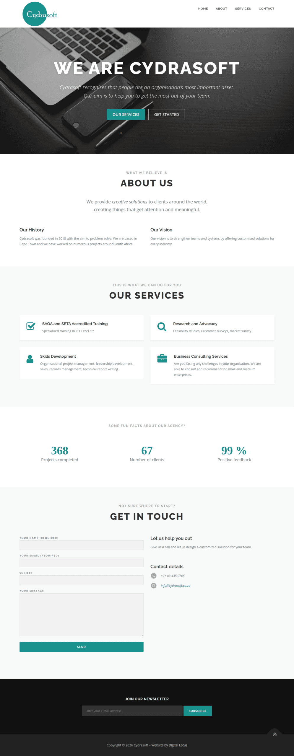 Cydrasoft one-page business consulting and training website
