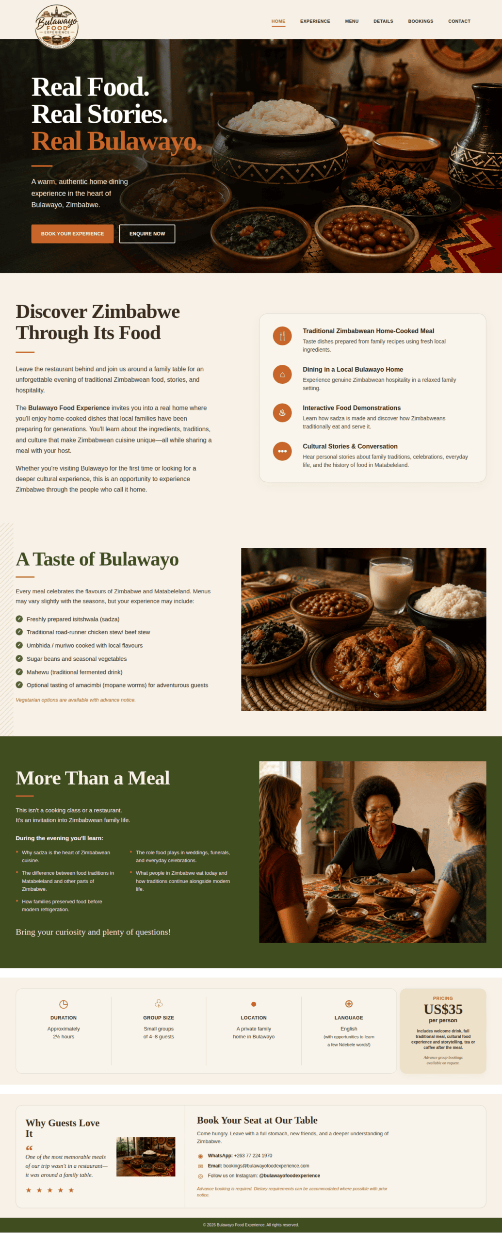 Bulawayo Food Experience one-page website